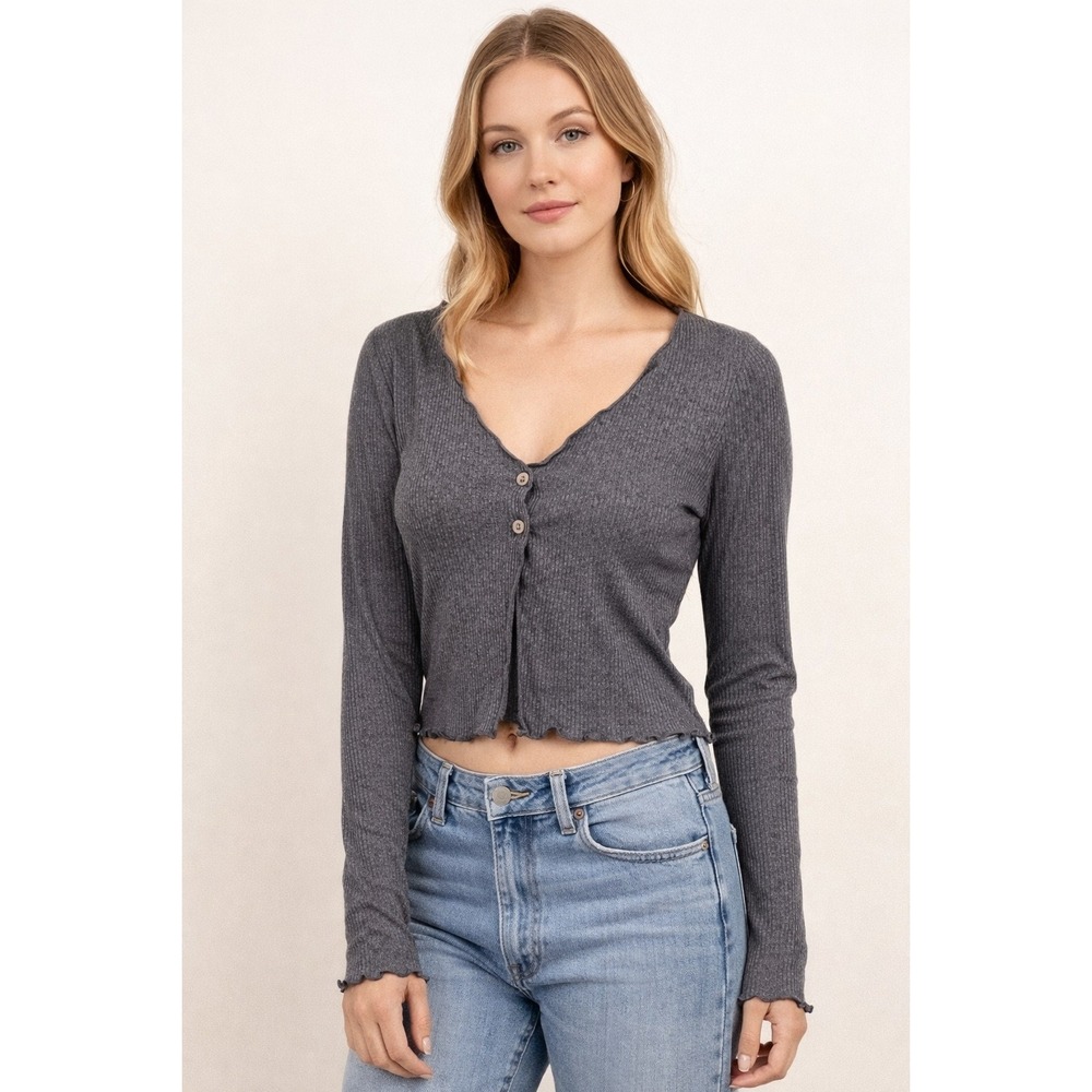 Caution to the Wind Ribbed Lettuce Trim Crop Top Charcoal Gray Large Open Button